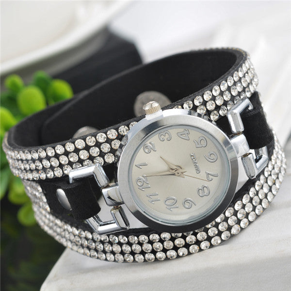 Doreen Box Velvet Quartz Wrist Watches Multicolor Clear Women Jewelry Rhinestone Battery Included 21cm(8 2/8