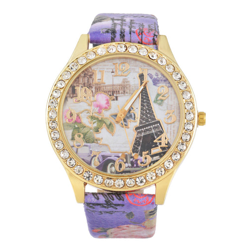 Doreen Box PU Leather Quartz Wrist Watches Eiffel Tower Flower Clear Rhinestone Battery Included 24.5cm(9 5/8