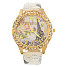 Load image into Gallery viewer, Doreen Box PU Leather Quartz Wrist Watches Eiffel Tower Flower Clear Rhinestone Battery Included 24.5cm(9 5/8&quot;) long, 1 Piece