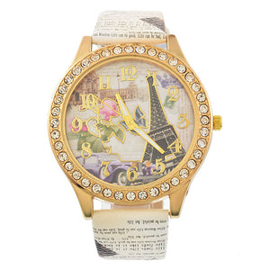 Doreen Box PU Leather Quartz Wrist Watches Eiffel Tower Flower Clear Rhinestone Battery Included 24.5cm(9 5/8") long, 1 Piece