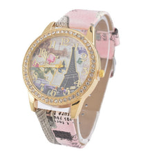 Load image into Gallery viewer, Doreen Box PU Leather Quartz Wrist Watches Eiffel Tower Flower Clear Rhinestone Battery Included 24.5cm(9 5/8&quot;) long, 1 Piece