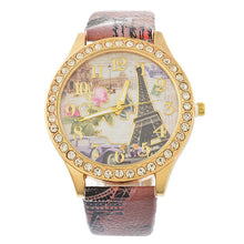 Load image into Gallery viewer, Doreen Box PU Leather Quartz Wrist Watches Eiffel Tower Flower Clear Rhinestone Battery Included 24.5cm(9 5/8&quot;) long, 1 Piece