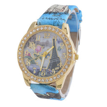 Load image into Gallery viewer, Doreen Box PU Leather Quartz Wrist Watches Eiffel Tower Flower Clear Rhinestone Battery Included 24.5cm(9 5/8&quot;) long, 1 Piece